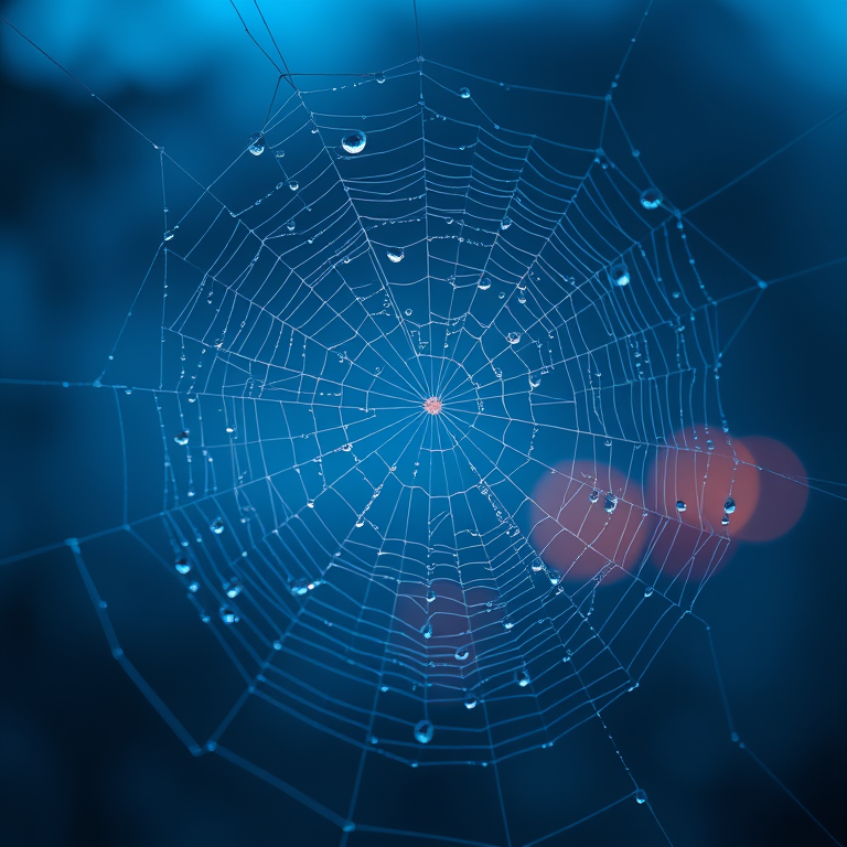 concept art, a macro shot of morning dew on spider web, at blue hour, with gentle breeze, warm tones, panoramic view, neon glow, ultra high resolution, romantic and dreamy