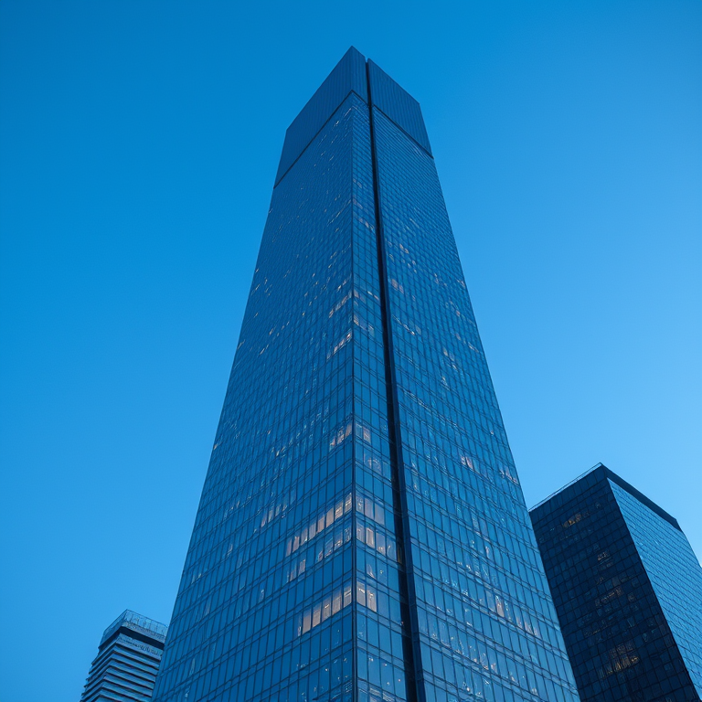 3D render, a modern glass skyscraper, during twilight, with clear blue sky, cool blue tones, wide angle view, dramatic side lighting, masterpiece quality, dramatic and powerful