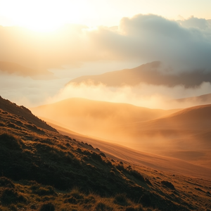 abstract art, a misty Scottish highland, at sunset, with misty atmosphere, warm tones, panoramic view, natural light, professional photography, awe-inspiring and grand