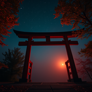 cinematic shot, a Japanese torii gate in autumn, at night under stars, with fog rolling in, vibrant saturated colors, low angle dramatic perspective, soft diffused lighting, highly detailed, mysterious and ethereal