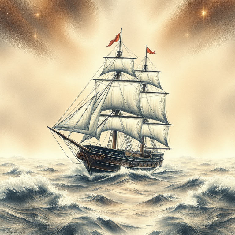 pencil sketch, a sailing ship on stormy seas, at night under stars, with misty atmosphere, warm tones, telephoto compression, soft diffused lighting, highly detailed, energetic and vibrant