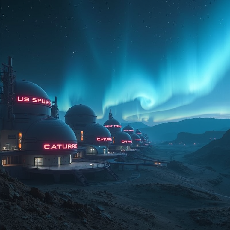 digital art, a futuristic Mars colony, at blue hour, with aurora in sky, deep rich jewel tones, wide angle view, soft diffused lighting, award-winning composition, melancholic and contemplative