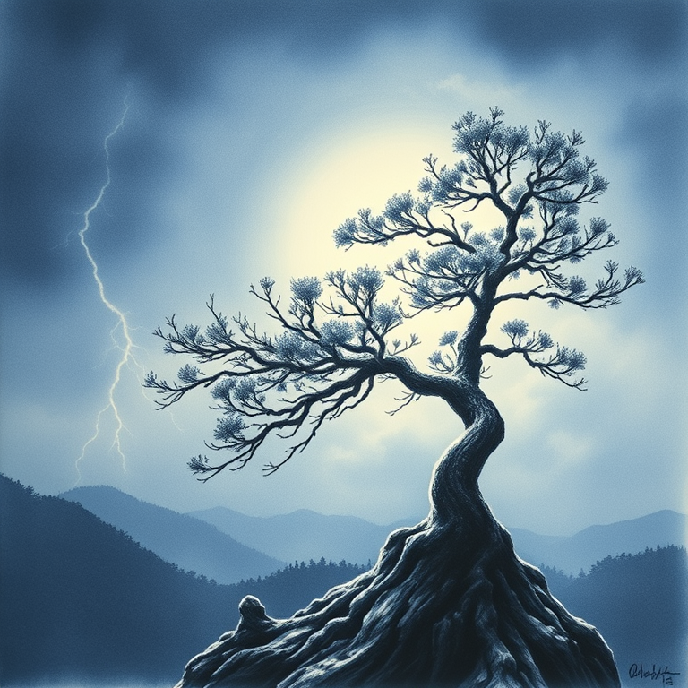 charcoal drawing, a bonsai tree close-up, at sunrise, with lightning in distance, cool blue tones, panoramic view, natural light, photorealistic, dramatic and powerful