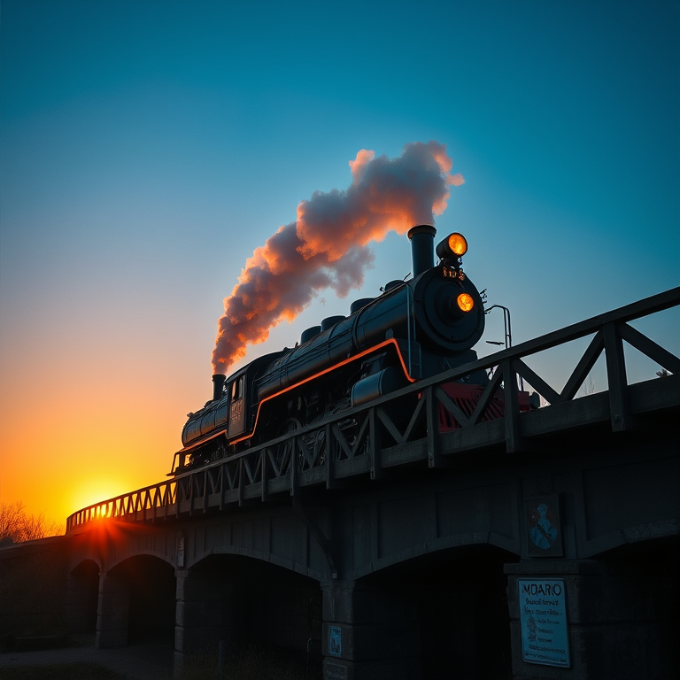 retro vintage photo, a vintage steam train on a bridge, at sunrise, with clear blue sky, deep rich jewel tones, wide angle view, neon glow, masterpiece quality, peaceful and serene