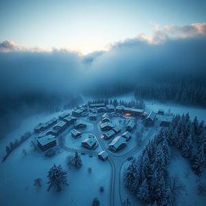 pencil sketch, a snowy alpine village, at sunrise, with fog rolling in, cool blue tones, aerial drone perspective, backlit with sun flare, RAW photo, dramatic and powerful