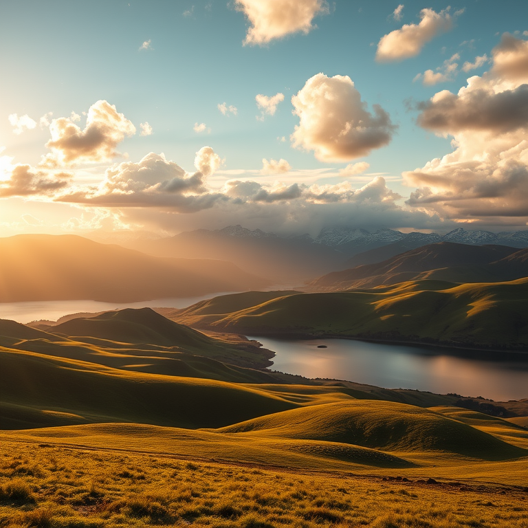 A breathtaking natural landscape at golden hour, featuring rolling green hills, a calm reflective lake, and distant snow-capped mountains under a dramatic sky filled with soft glowing clouds. Warm sunlight casts long shadows and illuminates the scene with a magical, cinematic atmosphere. Ultra-realistic, highly detailed, 8K resolution, vibrant colors, depth of field, sharp focus, professional photography style.