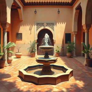 oil painting, a Moroccan riad courtyard with fountain, at midday, with gentle breeze, warm tones, close-up detail shot, studio quality lighting, masterpiece quality, romantic and dreamy