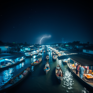 cinematic shot, a floating market in Thailand, at night under stars, with lightning in distance, cool blue tones, tilt-shift miniature effect, natural light, photorealistic, melancholic and contemplative