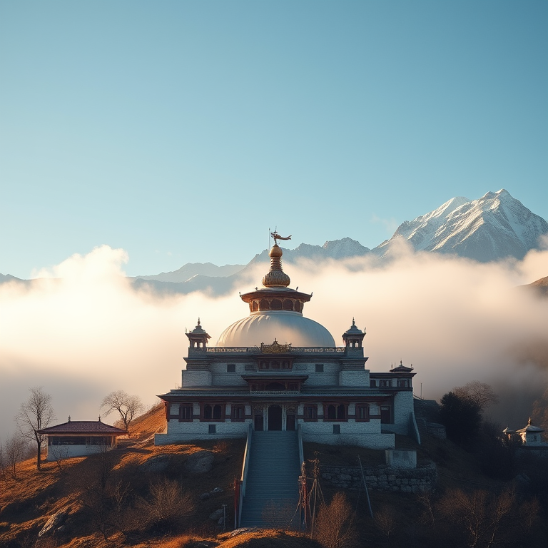 3D render, a Tibetan monastery in mountains, in early morning mist, with clear blue sky, warm tones, low angle dramatic perspective, soft diffused lighting, professional photography, awe-inspiring and grand