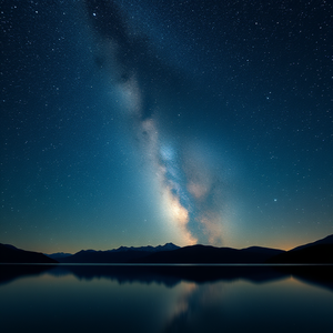 A night sky landscape with a clear view of the Milky Way galaxy, stars reflecting in a calm lake, silhouettes of mountains in the background, long exposure photography style, ultra-realistic.