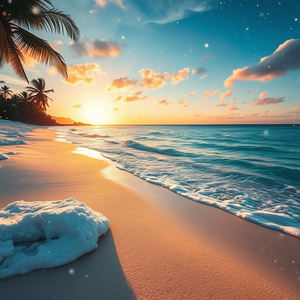 watercolor painting, a tropical beach with turquoise water, at sunset, with snow falling, warm tones, macro extreme close-up, studio quality lighting, award-winning composition, romantic and dreamy