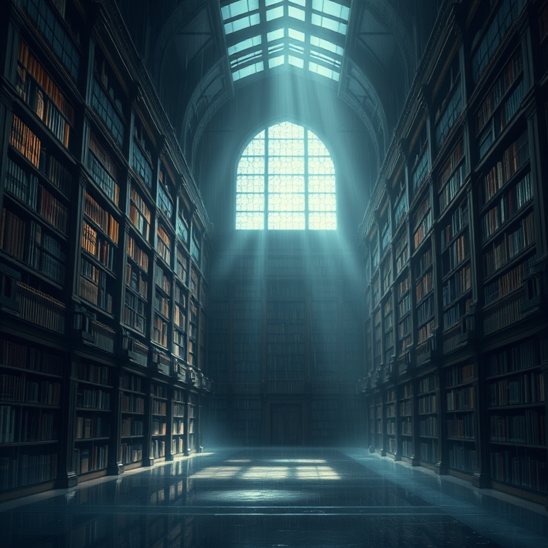 anime style, a grand library with tall bookshelves, in early morning mist, with rain reflections, deep rich jewel tones, wide angle view, backlit with sun flare, award-winning composition, melancholic and contemplative