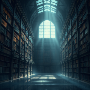 anime style, a grand library with tall bookshelves, in early morning mist, with rain reflections, deep rich jewel tones, wide angle view, backlit with sun flare, award-winning composition, melancholic and contemplative