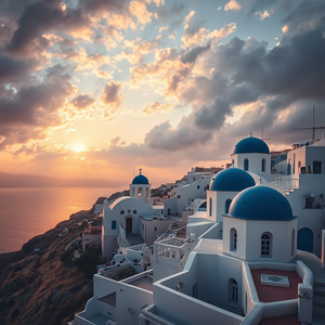 impressionist painting, a Greek island with white buildings and blue domes, at sunrise, with dramatic cloud formations, pastel soft colors, macro extreme close-up, dramatic side lighting, 8K UHD, dark and moody