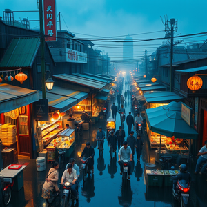 oil painting, a bustling street market in Asia, at blue hour, with rain reflections, warm tones, aerial drone perspective, studio quality lighting, masterpiece quality, romantic and dreamy