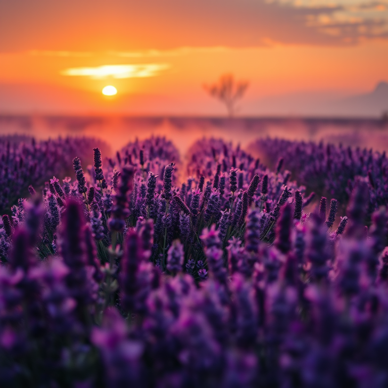 abstract art, a lavender field in Provence, at sunrise, with misty atmosphere, vibrant saturated colors, macro extreme close-up, volumetric light rays, ultra high resolution, dark and moody