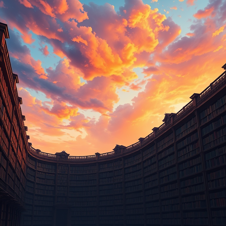 impressionist painting, a grand library with tall bookshelves, at sunrise, with dramatic cloud formations, deep rich jewel tones, close-up detail shot, rim lighting, ultra high resolution, romantic and dreamy