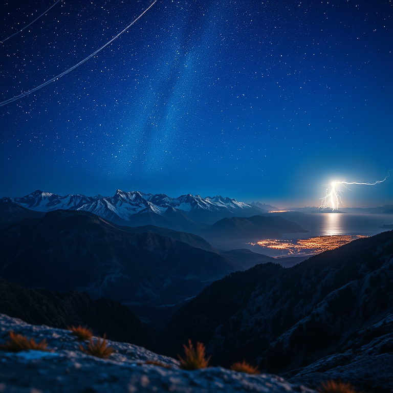 pencil sketch, a meteor shower over mountains, at blue hour, with lightning in distance, vibrant saturated colors, tilt-shift miniature effect, dramatic side lighting, ultra high resolution, dramatic and powerful