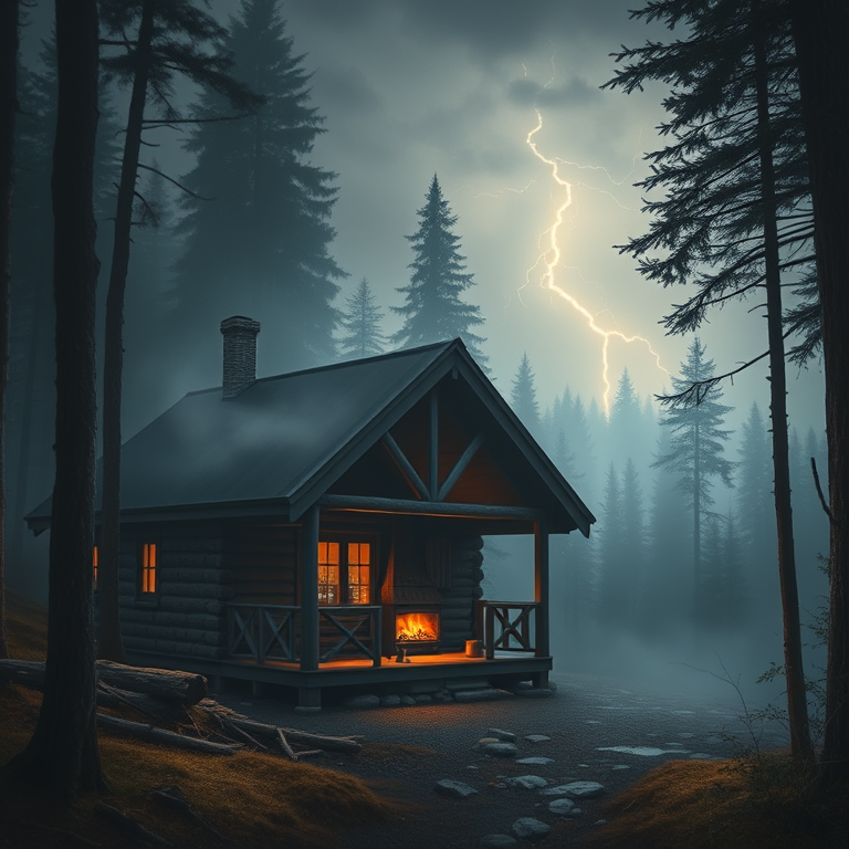 oil painting, a cozy cabin in the woods with fireplace, in early morning mist, with lightning in distance, deep rich jewel tones, tilt-shift miniature effect, moody atmospheric lighting, award-winning composition, dramatic and powerful
