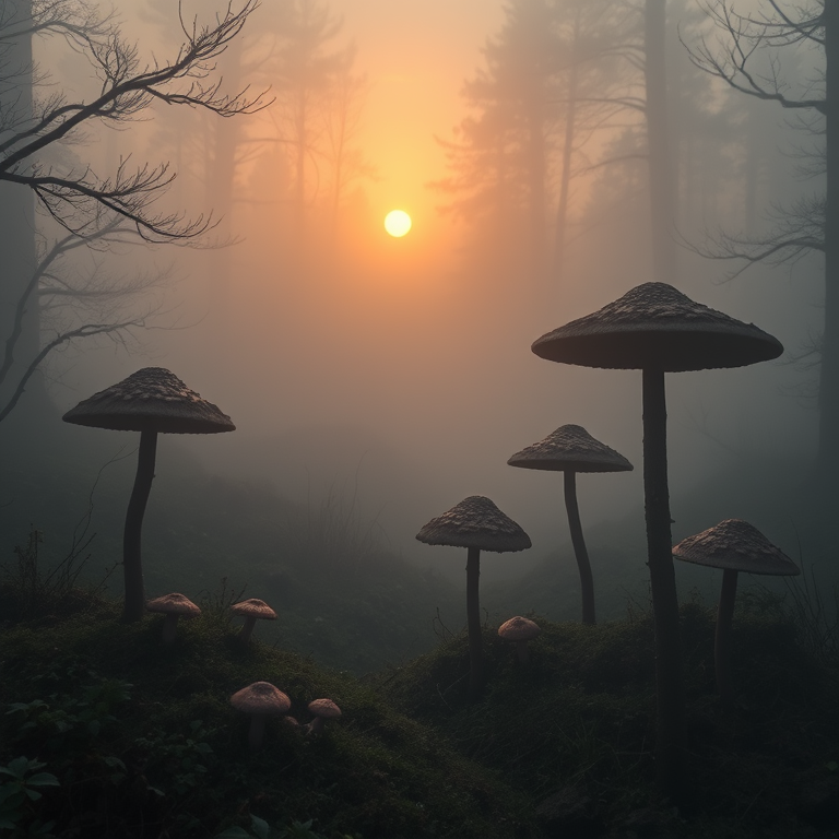 abstract art, a fairy tale mushroom forest, at sunrise, with fog rolling in, high contrast, wide angle view, dramatic side lighting, 8K UHD, dark and moody