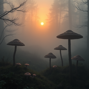 abstract art, a fairy tale mushroom forest, at sunrise, with fog rolling in, high contrast, wide angle view, dramatic side lighting, 8K UHD, dark and moody