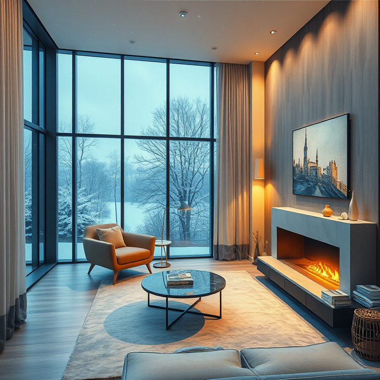 oil painting, a modern minimalist interior design, at blue hour, with snow falling, golden warm palette, bird eye view, soft diffused lighting, highly detailed, peaceful and serene