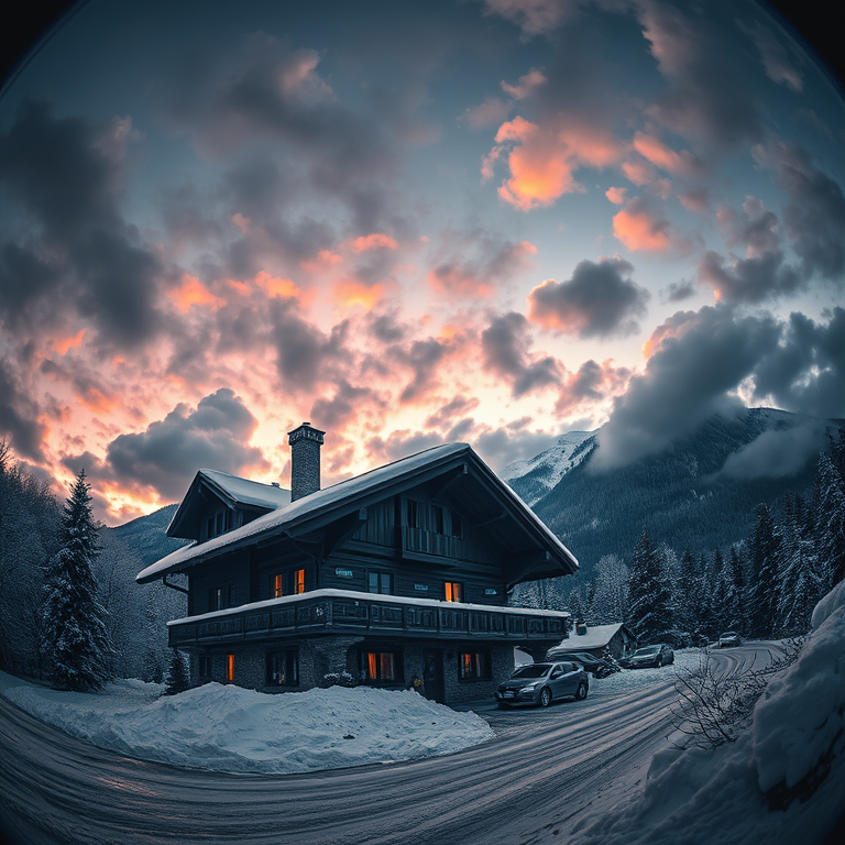 charcoal drawing, a Swiss chalet in winter, at dawn, with dramatic cloud formations, deep rich jewel tones, fish-eye lens, dramatic side lighting, sharp focus, romantic and dreamy