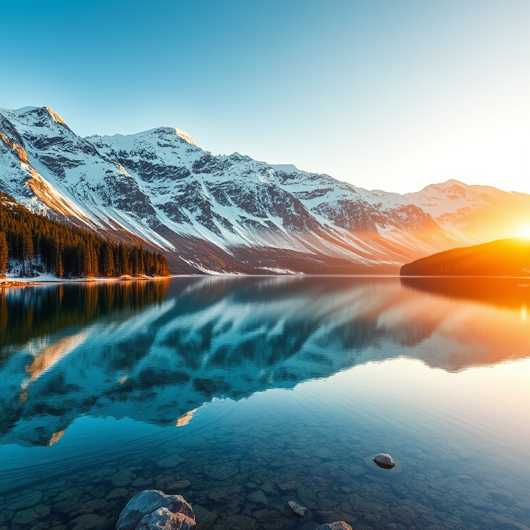 A peaceful alpine landscape at sunrise, with a crystal-clear lake reflecting towering snow-covered mountains, pine trees along the shore, soft golden light, ultra-realistic, 8K, sharp focus, tranquil atmosphere.