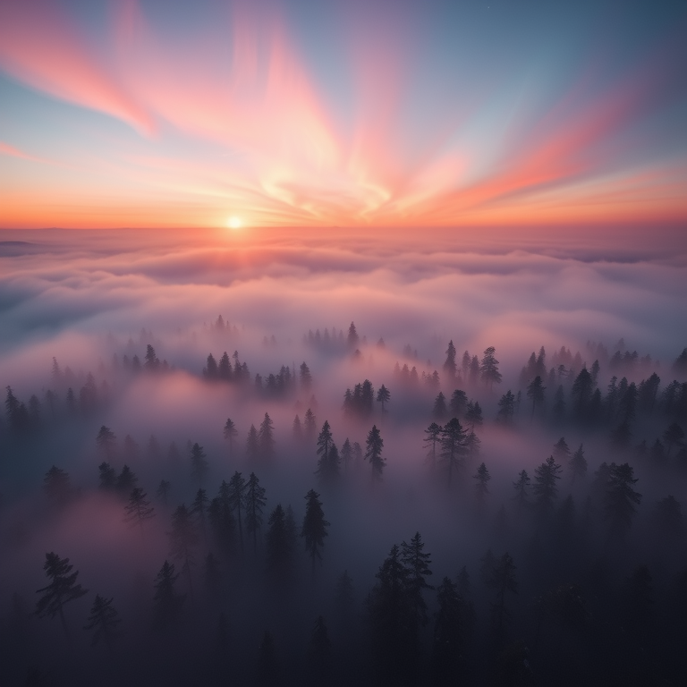 abstract art, a dense foggy forest, during twilight, with aurora in sky, pastel soft colors, bird eye view, backlit with sun flare, sharp focus, awe-inspiring and grand