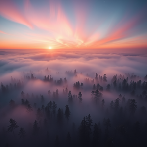 abstract art, a dense foggy forest, during twilight, with aurora in sky, pastel soft colors, bird eye view, backlit with sun flare, sharp focus, awe-inspiring and grand