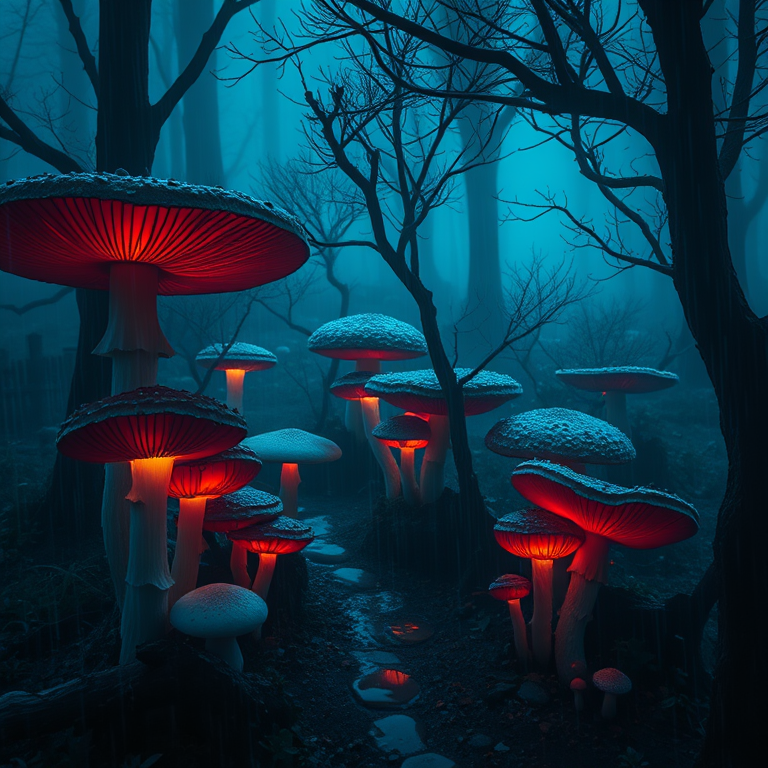 retro vintage photo, a fairy tale mushroom forest, during twilight, with rain reflections, cool blue tones, aerial drone perspective, neon glow, photorealistic, awe-inspiring and grand