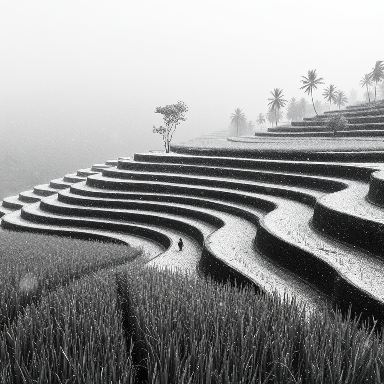 impressionist painting, a terraced rice paddy in Bali, at midday, with snow falling, monochrome black and white, low angle dramatic perspective, soft diffused lighting, masterpiece quality, mysterious and ethereal