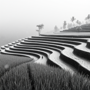 impressionist painting, a terraced rice paddy in Bali, at midday, with snow falling, monochrome black and white, low angle dramatic perspective, soft diffused lighting, masterpiece quality, mysterious and ethereal