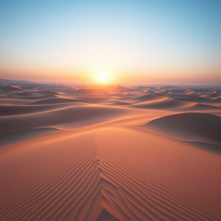 concept art, a vast desert with sand dunes, at sunset, with clear blue sky, cool blue tones, panoramic view, studio quality lighting, highly detailed, cozy and warm