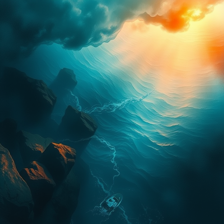 watercolor painting, a deep ocean trench scene, at dawn, with gentle breeze, teal and orange, low angle dramatic perspective, moody atmospheric lighting, photorealistic, cozy and warm