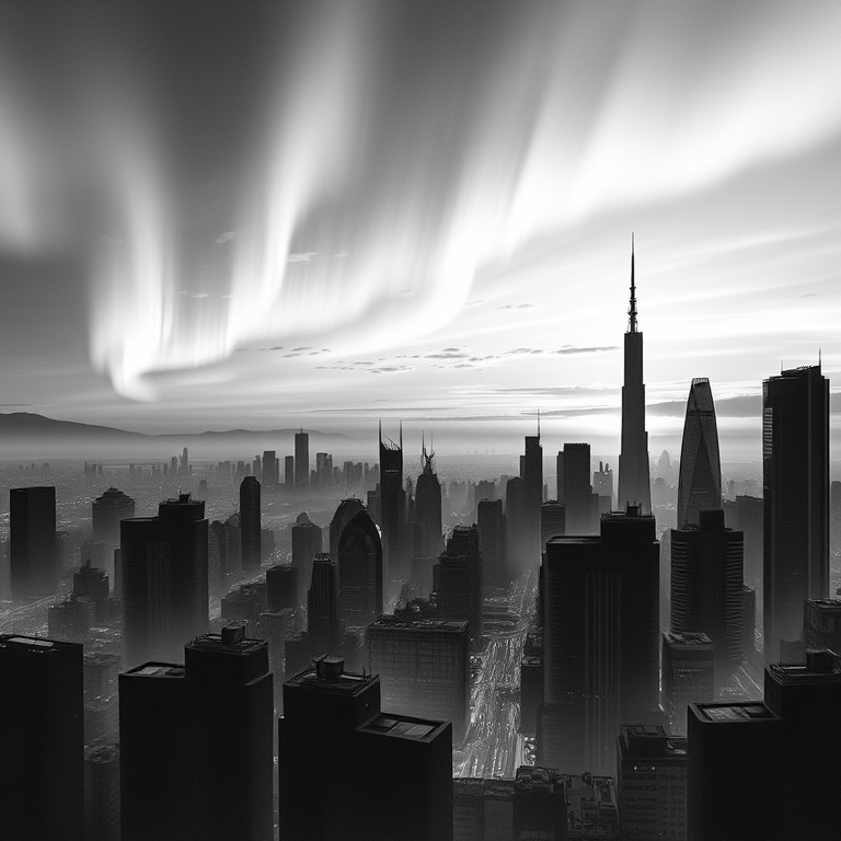 watercolor painting, a futuristic city skyline, at sunset, with aurora in sky, monochrome black and white, panoramic view, dramatic side lighting, 8K UHD, peaceful and serene