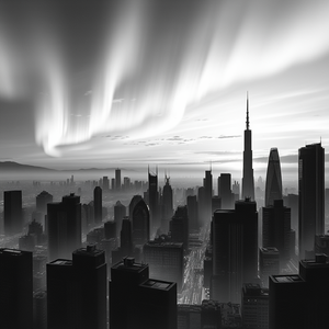 watercolor painting, a futuristic city skyline, at sunset, with aurora in sky, monochrome black and white, panoramic view, dramatic side lighting, 8K UHD, peaceful and serene