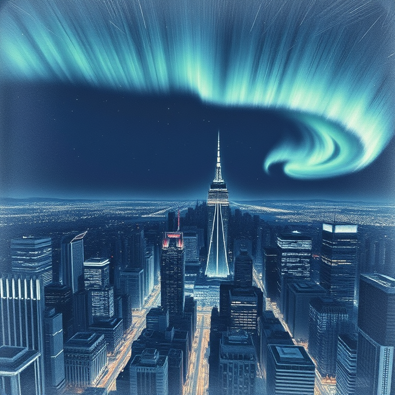 pencil sketch, a futuristic city skyline, at night under stars, with aurora in sky, deep rich jewel tones, bird eye view, soft diffused lighting, 8K UHD, dark and moody
