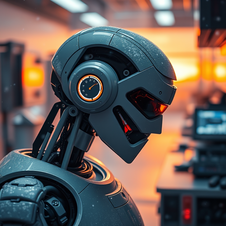 abstract art, a robot in a futuristic lab, at sunset, with snow falling, warm tones, telephoto compression, soft diffused lighting, sharp focus, energetic and vibrant