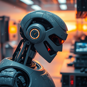 abstract art, a robot in a futuristic lab, at sunset, with snow falling, warm tones, telephoto compression, soft diffused lighting, sharp focus, energetic and vibrant