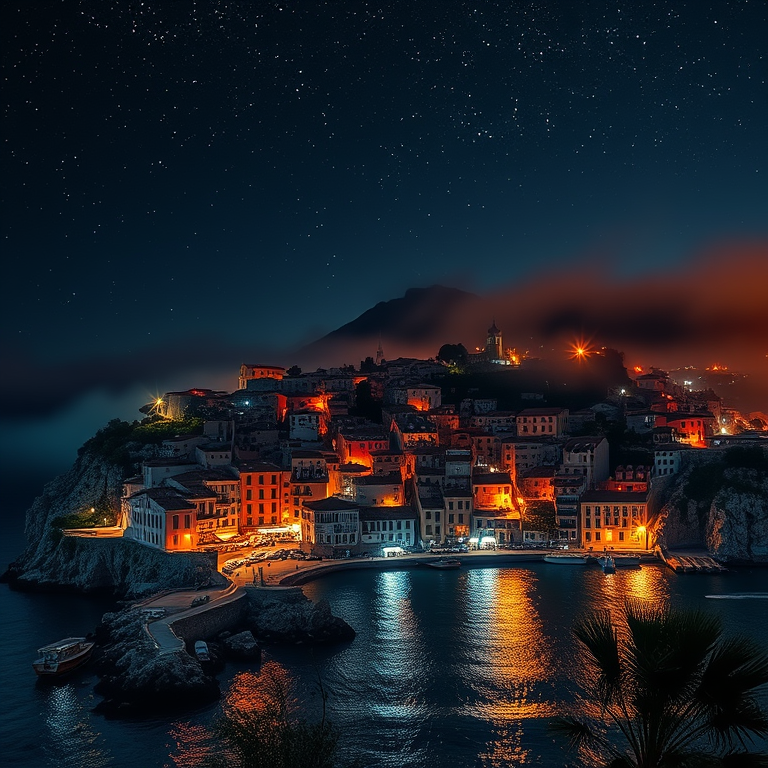 digital art, a Mediterranean coastal town, at night under stars, with fog rolling in, high contrast, wide angle view, dramatic side lighting, 8K UHD, energetic and vibrant