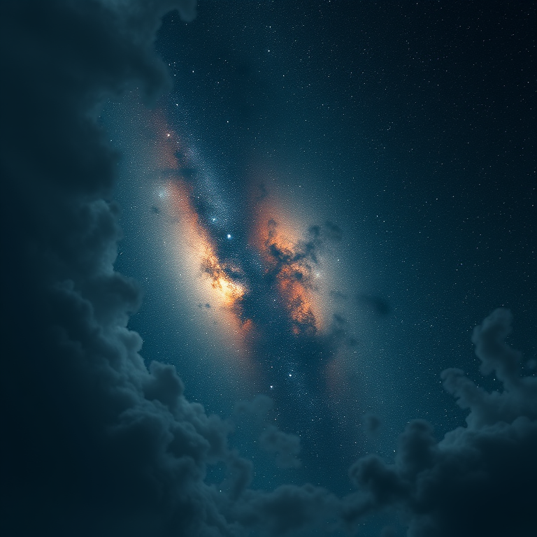 digital art, a deep space nebula with stars, at night under stars, with dramatic cloud formations, muted earth tones, aerial drone perspective, soft diffused lighting, masterpiece quality, dramatic and powerful
