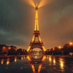 anime style, Paris Eiffel Tower at golden hour, at night under stars, with rain reflections, warm tones, wide angle view, studio quality lighting, 8K UHD, awe-inspiring and grand