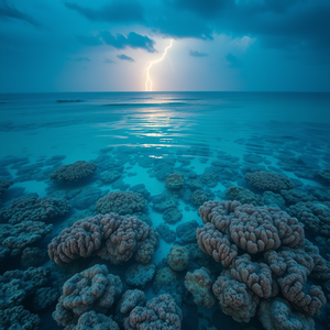 realistic photo, a coral reef underwater scene, at blue hour, with lightning in distance, pastel soft colors, aerial drone perspective, natural light, masterpiece quality, peaceful and serene