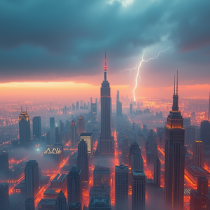 hyper-realistic render, a futuristic city skyline, at dawn, with lightning in distance, warm tones, bird eye view, volumetric light rays, professional photography, mysterious and ethereal