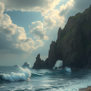 realistic photo, of art nature with sea