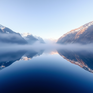 abstract art, a Norwegian fjord with mirror water, in early morning mist, with clear blue sky, pastel soft colors, bird eye view, neon glow, ultra high resolution, whimsical and playful