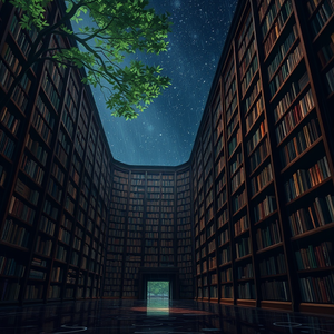 anime style, a grand library with tall bookshelves, at night under stars, with rain reflections, high contrast, low angle dramatic perspective, dappled light through trees, RAW photo, peaceful and serene
