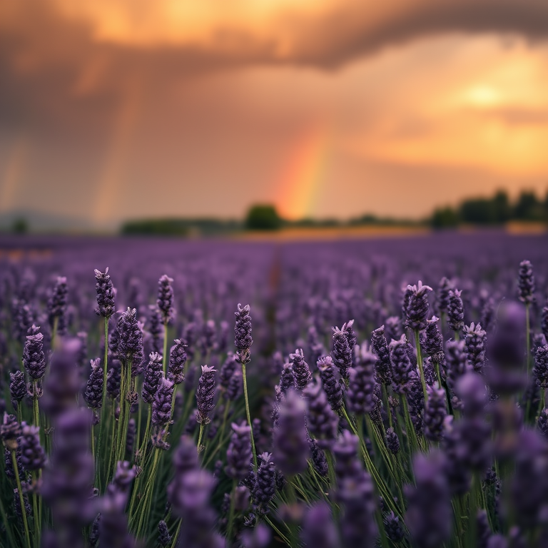 cinematic shot, a lavender field in Provence, during a storm, with rainbow in background, warm tones, close-up detail shot, natural light, masterpiece quality, mysterious and ethereal