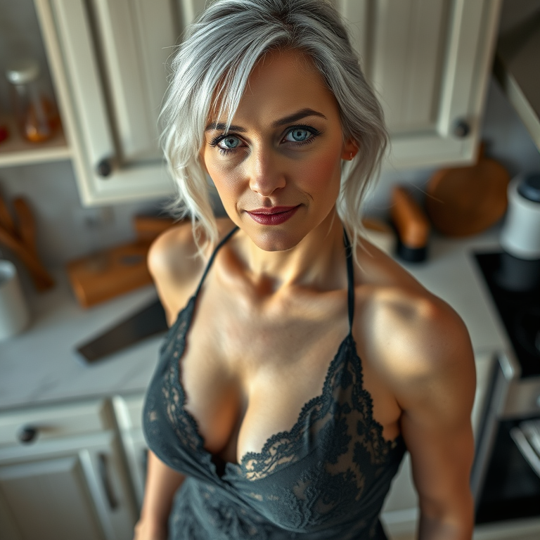 realistic photo, a woman, middle-aged, white hair, gray eyes, light skin, European, petite body, wearing a formal dress, close-up portrait, very revealing, barely covered, lingerie, in a kitchen, high angle shot, sharp focus